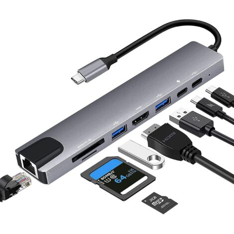 Concentrador USB C, adaptador concentrador USB-C 8 en 1 a HDMI dual 4K, Gigabit Ethernet, USB 3.0/2.0, 100 W PD, datos USB-C, SD/TF compatible con Steam Deck, MacBook Pro Air M2 M1, ChromeBook, Switch