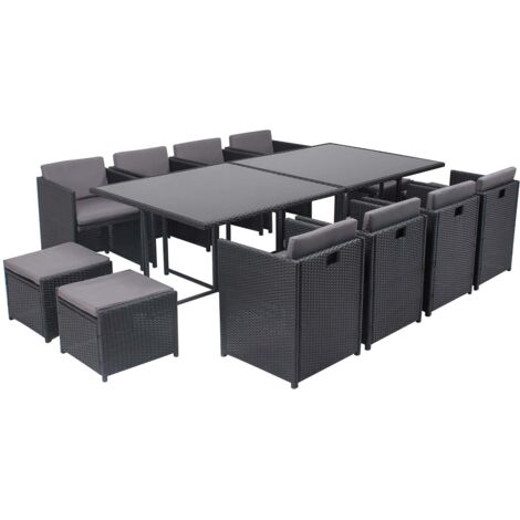 Concept-Usine – Ensemble table rectangulaire et chaises 12 places en résine tressée noire et verre renforcé – Coussins déhoussables imperméables gris – Éléments modulables
