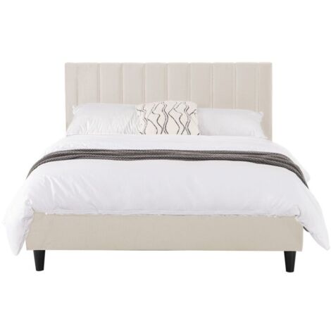 Concept-Usine – Lit adulte 140x190 cm en velours beige – Tête de lit capitonnée – Structure plywood avec 24 lattes en peuplier – Poids max 180 kg