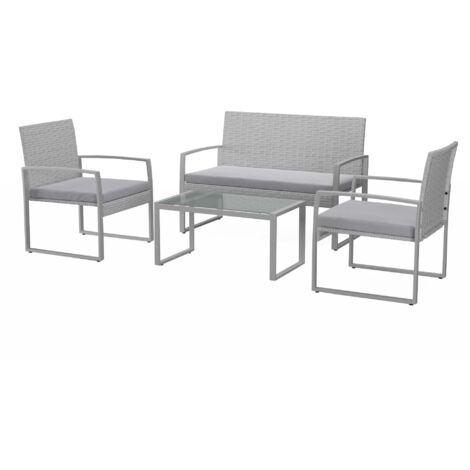 Concept-Usine – Salon de jardin bas résine tressée 4 places – Canapé et fauteuils confortables – Table rectangulaire avec plateau en verre trempé