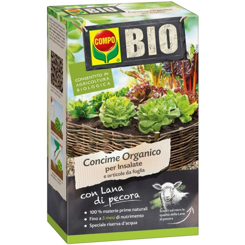 Bio Concime Organico per Insalate e Orticole da Foglia, Con Lana di Pecora, Consentito in agricoltura biologica, 750 g - Compo