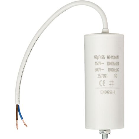 Condensador arranque motor electrico 60.0 uF 450 V con cable  Blanco