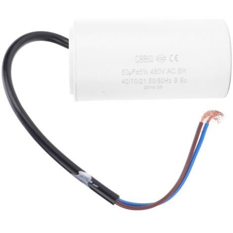 Condensador de arranque de motor CBB60 de 450 V y 50 µF (microfaradios) con cable de conexión.