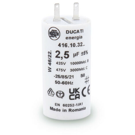 Condensateur 2,5 µF 450 V AC – Tolérance 5% – Durée de vie 10 000 heures – Compatible moteurs volets roulants – Ducati