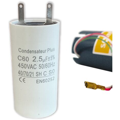 Condensateur 2,5 µF – Gamme C+ Professionnelle – À cosses Faston 2,8 mm – Pour moteurs monophasés SOMFY, SIMU, NICE – 450V – Qualité supérieure