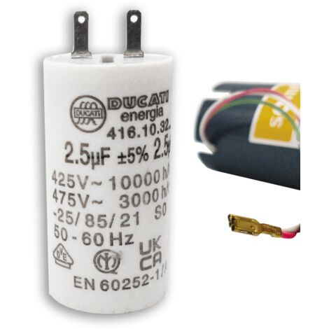 Condensateur 2,5 µF – Moteur de volet roulant ou store – Compatible SOMFY, SIMU, NICE – Cylindrique – 2 cosses Faston 2,8 mm – 450V – 6Nm
