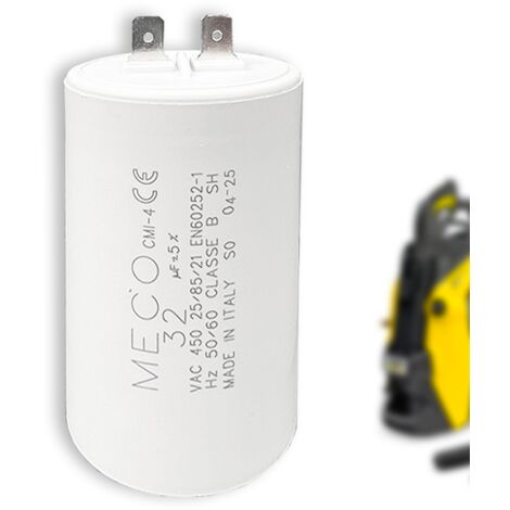 Condensateur 32 µF – Pour nettoyeur haute pression KARCHER K7 – Cylindrique – 2 cosses Faston 2,8 mm – 450V – Démarrage moteur fiable