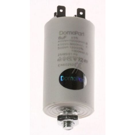 Condensateur 8MF 450V (AS0030666, 6531420) Sèche-linge TEKA, HAIER, BLUESKY, CONSTRUCTA, FAR, HIGHOME, CURTISS, HORN, BOMPANI, SAUTER, BSK, WHIRLPOOL, NEFF, BRANDT, CALEX, CRYSTAL, HIGHONE, HYGENA, ZA