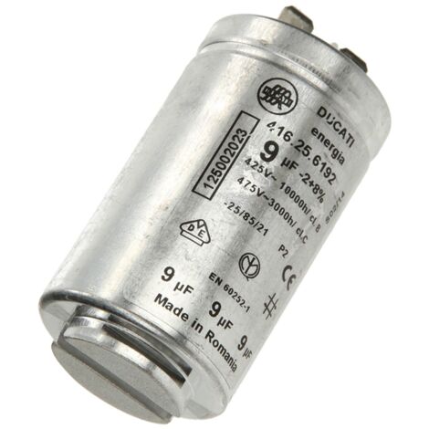 Condensateur 9MF (1250020227) Sèche-linge SMEG, CONSTRUCTA, SAUTER, ZANUSSI, ZOPPAS, ARTHUR MARTIN ELECTROLUX, BRANDT, ELECTROLUX, THERMOR, FAURE, ESSENTIEL B, PIERRE CARDIN, COLDIS, ZANKER, ALTUS, VE