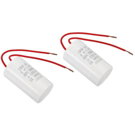 Condensateur CBB60 8uF 450V AC 2 fils 12cm 50-60Hz Film polypropylène Plastique pour Pompe à eau Blanc 2Pcs