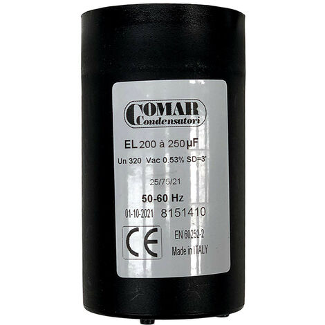 Condensateur de démarrage 200µF à 250µF 250V – Cosses FASTON – Pour moteurs monophasés – Température -45°C à +65°C – Comar - 250uf