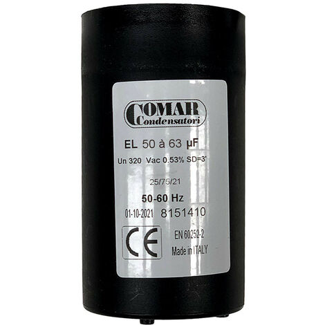 Condensateur de démarrage 50uF à 63uF 250V – Cosses FASTON – Pour moteurs monophasés – Température de travail -45°C à +65°C – Comar