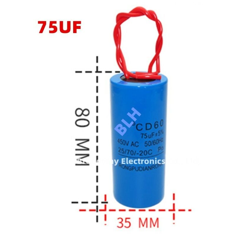 Condensateur de démarrage avec coque en plastique, cellule électrolytique, CD60, 450V, 450ylique, 75UF