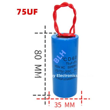 Condensateur de démarrage avec coque en plastique, cellule électrolytique, CD60, 450V, 450ylique, 75UF