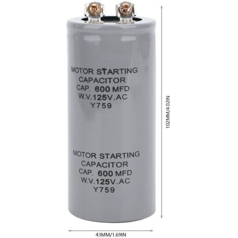 Condensateur de démarrage CD60 600µF 125VAC pour moteurs, dimensions 43x102mm