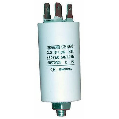 Condensateur moteur 2,5uf 450vac 30x57mm Faston + R8  2.5mf450v/f/3057