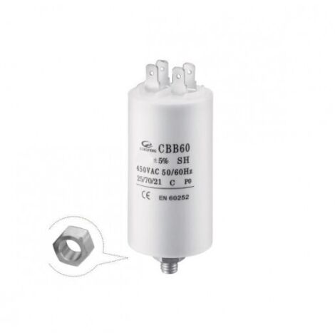 Condensateur permanent 30uF 450Vac – Pour moteur monophasé – Connexion par bornes faston – Fixation tige filetée M8
