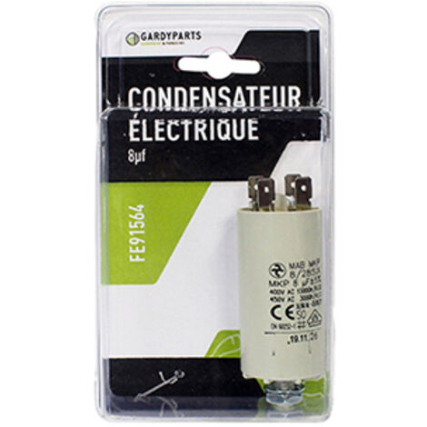 condensateur universel 8uf fixation m8 diamètre 30 mm, hauteur 84 mm. (sous coque).