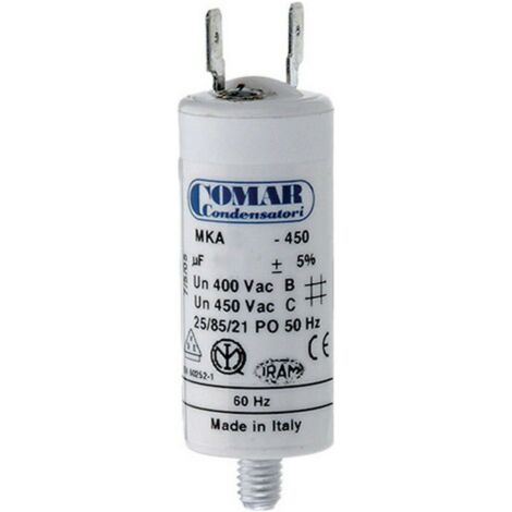 Condensatore di avviamento MKA 2,5uF 5% 450V Ø3,4x6,3cm con picchetto M8 e faston semplice 6,35 Konek