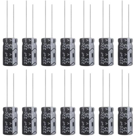 Condensatore elettrolitico 220uF 25V, alluminio, 6x12mm, condensatore elettrolitico 220 uF MFD 105°C (confezione da 15 pezzi)