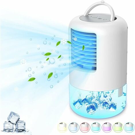 Condizionatore dAria Portatile 4 in 1 Mini Mobile Air Cooler,Raffreddatori Evaporativi,Ventilatore Umidificatore Mini Raffreddatore Daria Purificatore con Luce Notturna LED 7 Colori 3 velocità 