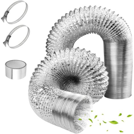 Condotto flessibile in alluminio isolato termicamente e acusticamente da 100 mm x 1,5 m con 2 clip in acciaio e 1 nastro adesivo