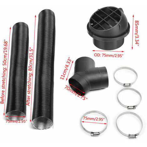 Conduit de chauffage de 75 mm + sortie d'air chaud + branche en Y + clip de tuyau pour Webasto Eberspacher (noir A) - MSBD