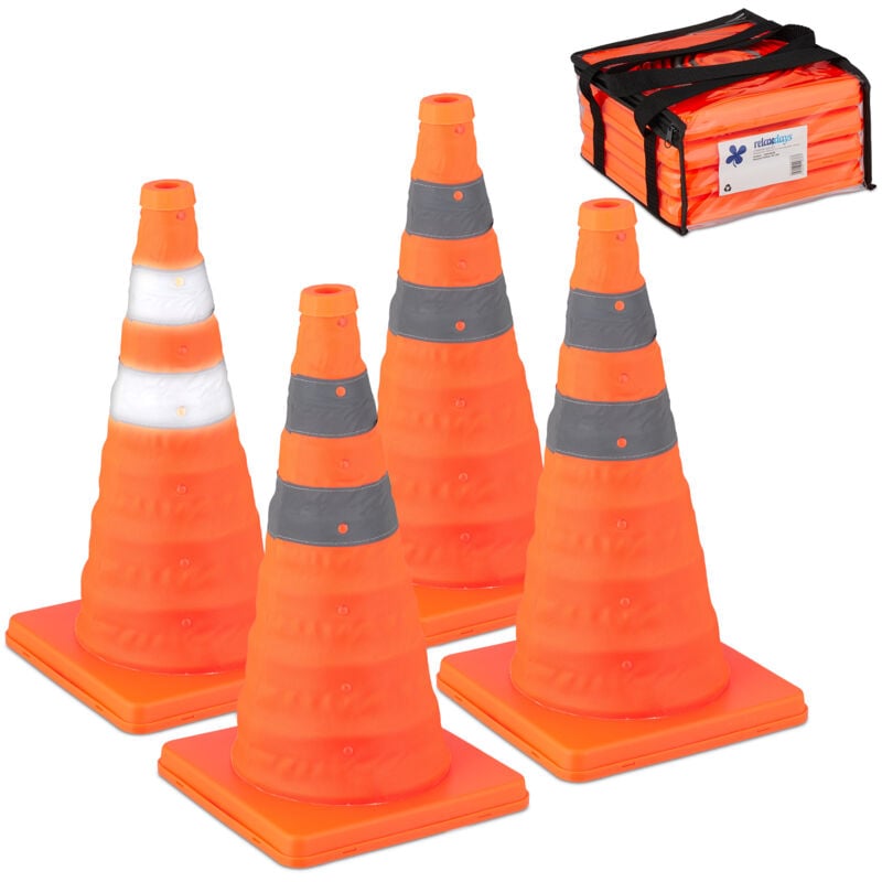 Cône de signalisation, lot 4, pliable, bandes réfléchissantes, hlp : 45 x 24,5 x 24,5 cm, orange et argenté - Relaxdays
