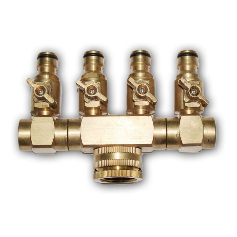 

Conector cuadruple de laton con grifo.Rosca Hembra 3/4 - 4 conectores