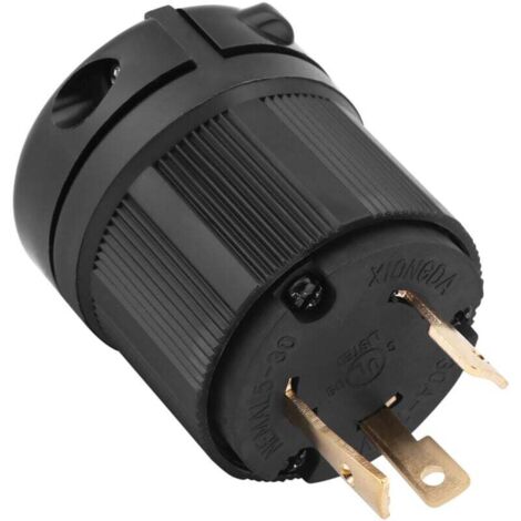 Conector de bloqueo NEMA L5-30 de 30 A y 125 V con carcasa resistente a productos químicos, ideal para conectar a generadores.