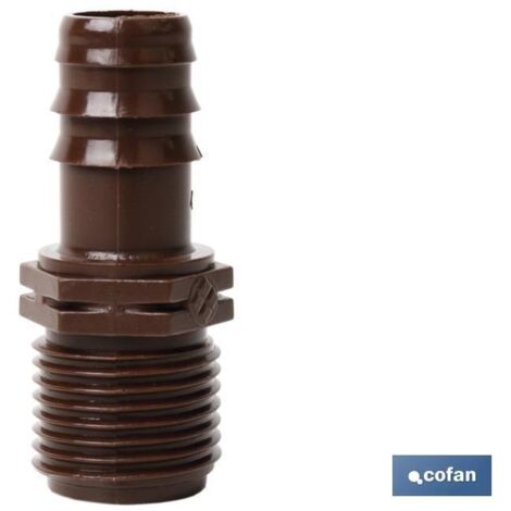 Conector de empalme mixto Ø16mm-3/4 para riego, material resistente y fácil montaje.