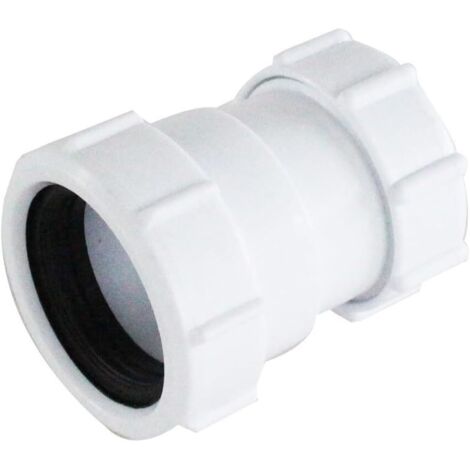 Conector de extensión de tubería hembra de 40 mm a hembra de 32 mm fabricado en polipropileno para sistemas de drenaje de fontanería en entornos residenciales.