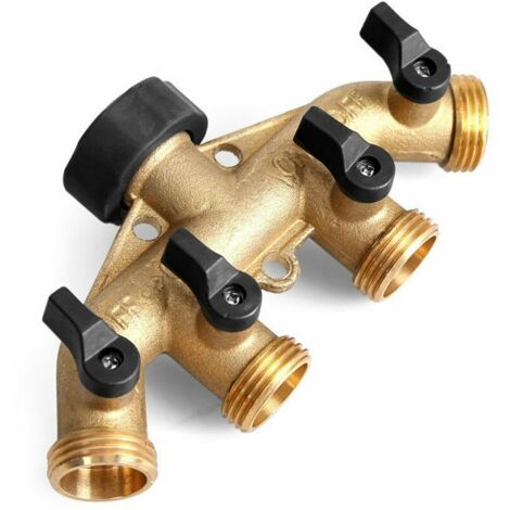 Conector de manguera de jardín de latón, divisor de 4 salidas, caudal ajustable y bloqueable - Divisor de manguera de 4 vías,