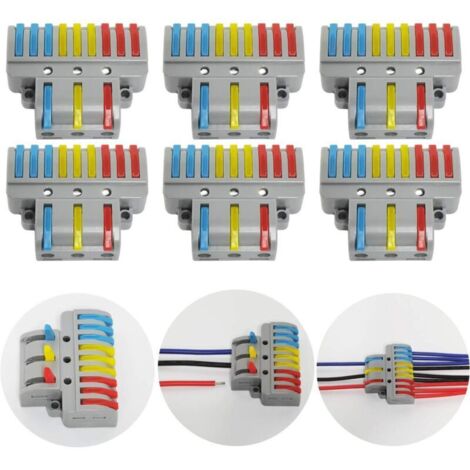 Conector eléctrico, 6 piezas, 3 entradas, 9 salidas, conector compacto para conductor, bloque de terminales de cable, conector de resorte rápido, con tornillos de montaje