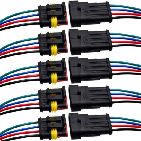 Conector eléctrico de 4 pines, 5 terminales macho + 5 terminales hembra, cable de 16 AWG - 10 cm. Apto para automóviles y camiones.