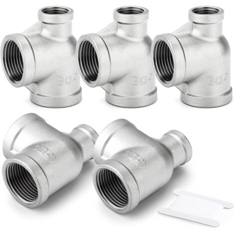 Conector en T hembra reductor de acero inoxidable 304 de 5 piezas, 1" - 1" - 1/2" BSP con adaptador de manguera de agua lateral de diámetro reductor