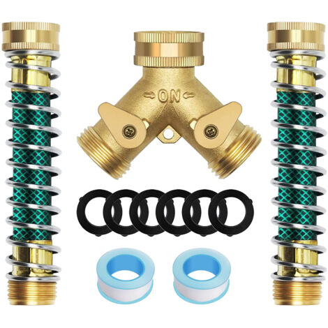 Conector en Y de 2 vías y 3/4" con válvula desviadora, 2 interruptores individuales, incluye 2 extensiones de manguera y 6 arandelas.