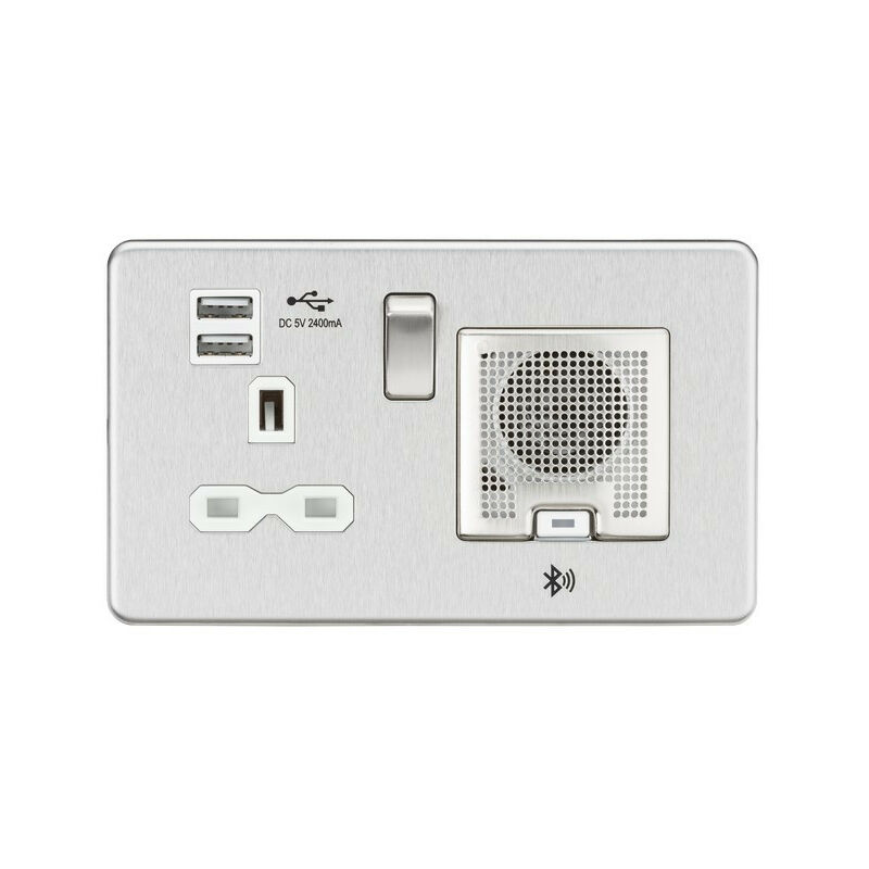 

Conector Knightsbridge de 13 A sin tornillos, cargadores USB (2,4 A) y altavoz Bluetooth - Cromo cepillado con inserto blanco