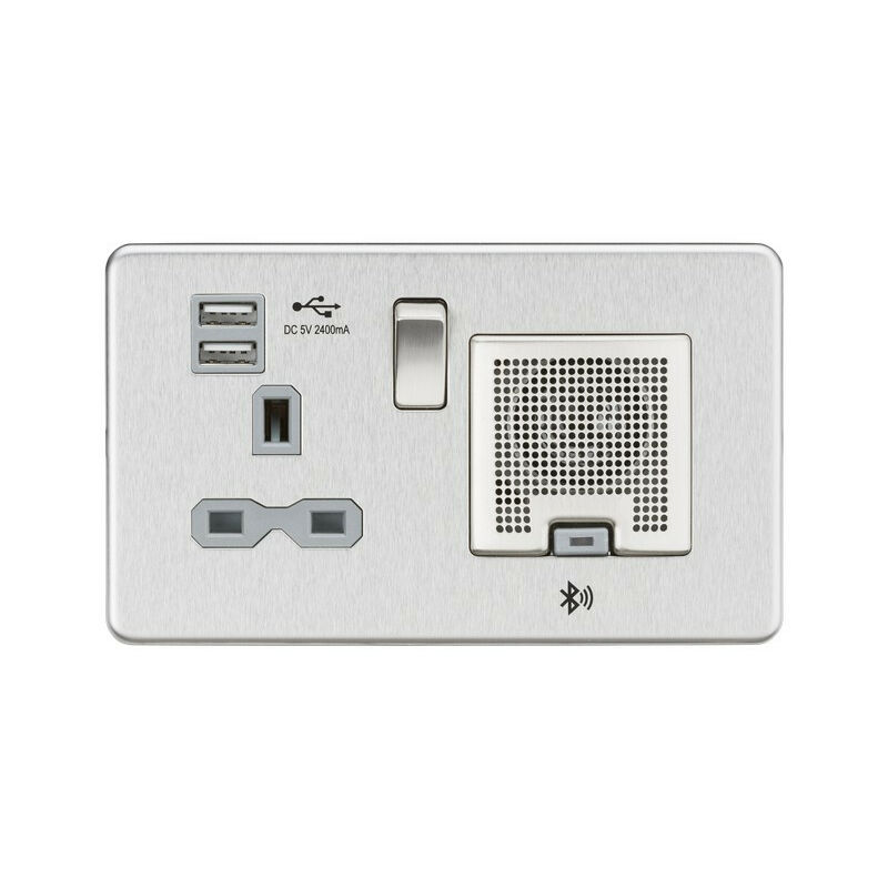 

Conector Knightsbridge de 13 A sin tornillos, cargadores USB (2,4 A) y altavoz Bluetooth - Cromo cepillado con inserto gris