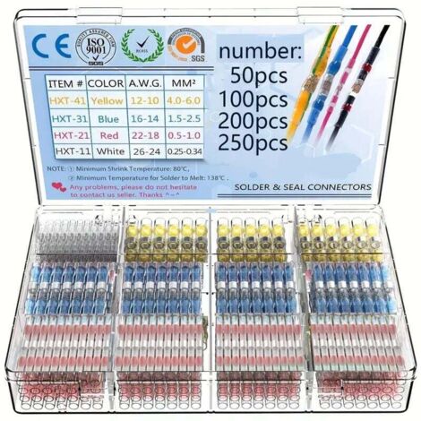 Conectores de cable con sellado de soldadura KZQ (250 piezas) - Conectores termorretráctiles de soldadura a tope - Kits de conectores de soldadura - Terminales de cable aislados e impermeables para au