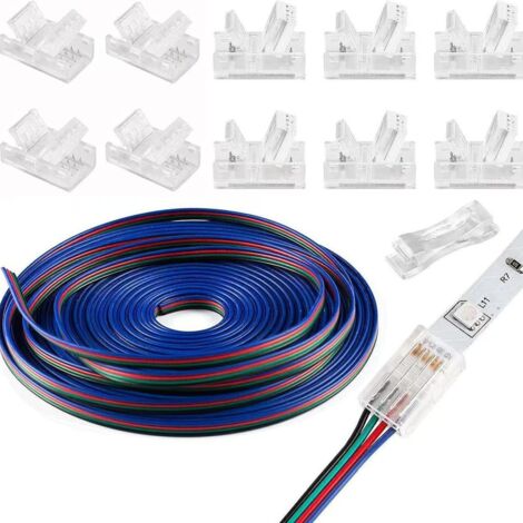 Conectores para tiras LED de 4 pines sin soldadura, paquete de 20 unidades con cable de extensión de 5 metros (16,4 pies), 4 conductores, para tiras LED RGB de 4 pines de 10 mm de ancho, resistentes a