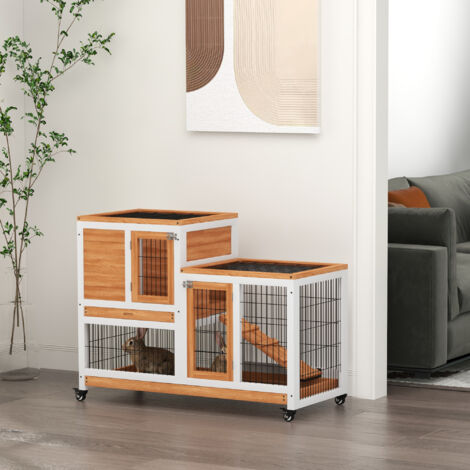Conejera de Madera de 2 Niveles Jaula para Conejos con Ruedas Rampa y Bandejas Extraíbles 110x50x88cm Natural
