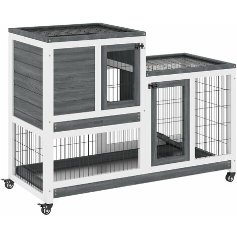 Conejera de Madera Interior con Ruedas Jaula para Conejos Mascotas Pequeñas de 2 Pisos con Zona Abierta Rampa y 2 Bandejas Extraíbles 110x50x88 cm