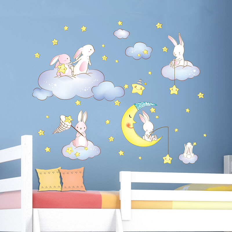 

Conejos Animal DIY Pegatinas de pared Nubes de dibujos animados Estrellas Luna para habitación de niños Habitación de bebé Decoración de jardín de