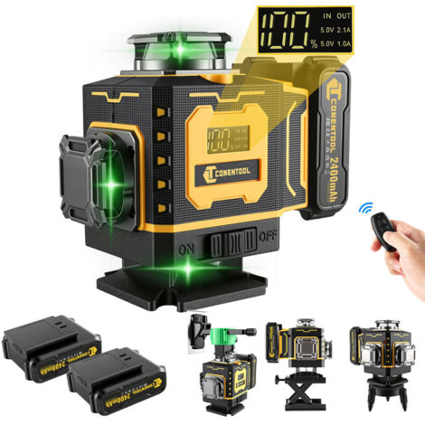 CONENTOOL Niveau Laser Auto-Nivelant Écran LCD - 16 Line Ligne Laser Verte Horizontal et Verticale - 4x360° - Avec télécommande et base et sac en tissu - 2 batterie 2400mAh