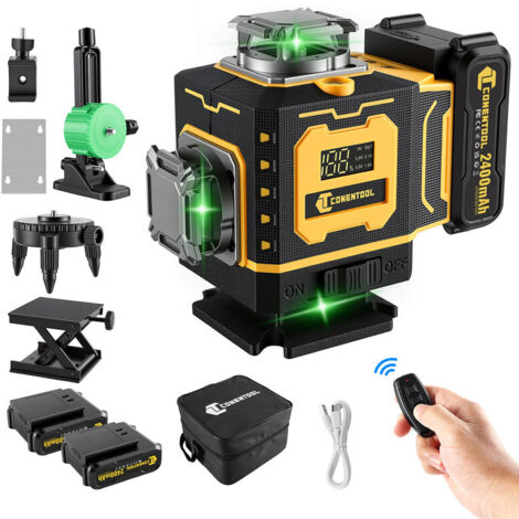 CONENTOOL Niveau Laser Vert 4D 16 Lignes, Autonivelant, Niveaux laser avec télécommande et Base magnétique, , 2 X 2400mah Batterie