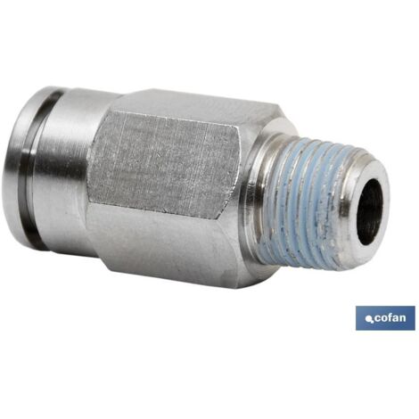 Conexión recta 8mm macho 1/2" metálica para aire comprimido, alta estanqueidad.