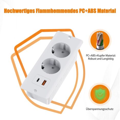Conexión USB integrada, conexión de mesa con 2 puertos USB y cable de alimentación de 2 vías, enchufes dobles integrados para mesa con cable de 2 m, cable de alimentación integrado para muebles de enc