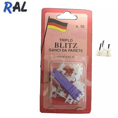 CONFEZIONE 10 GANCI BLITZ DA PARETE CON TRE PUNTE