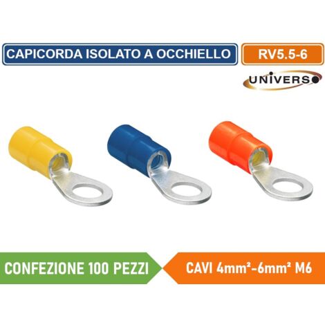 CONFEZIONE 100 PEZZI CAPICORDA TERMINALE AD OCCHIELLO ISOLATO PER CAVI DA 4 mm² a 6 mm² M6 - Colore Struttura:Blu